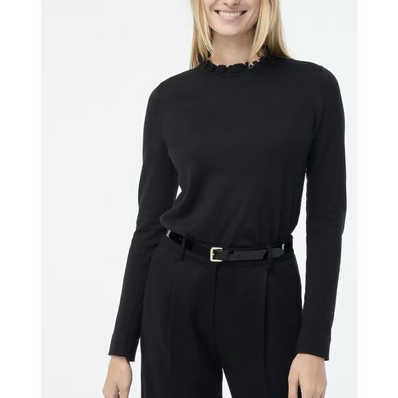 J. CREW Cotton Ruffleneck Sweater Black Womens Small Classic Preppy Minimalist - Picture 1 of 11